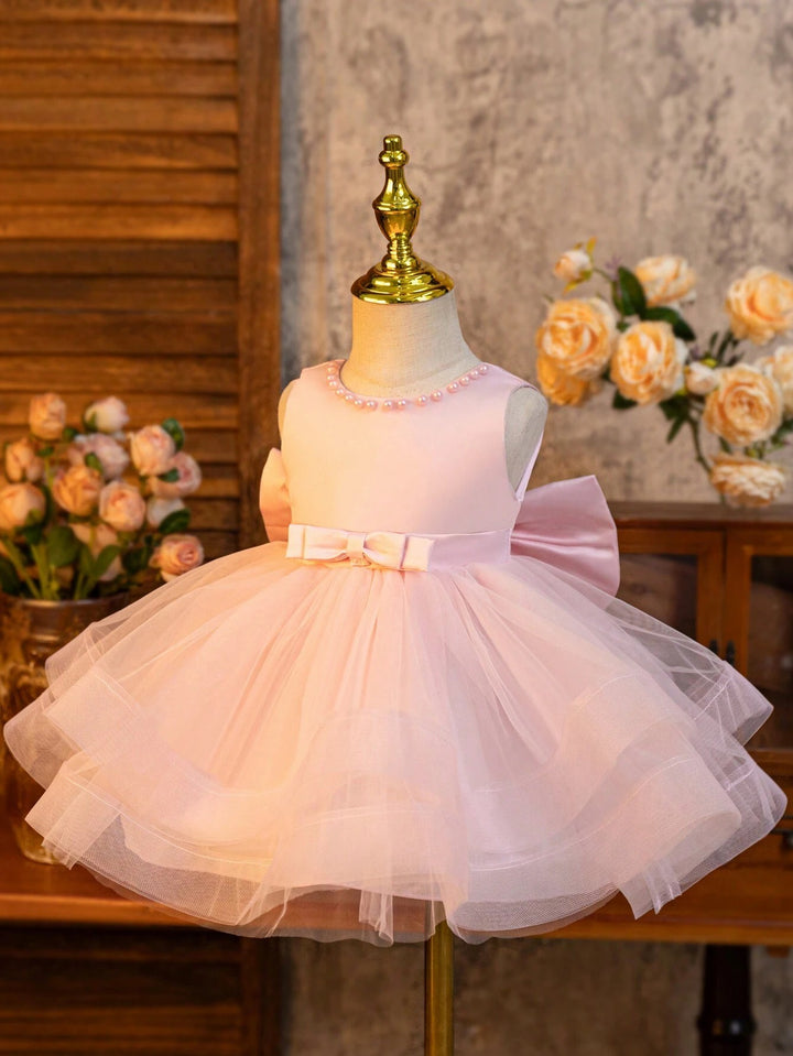 TinyTulle Elegant Pink Satin &amp; Tulle Princess Dress with Bow for Baby Girls
