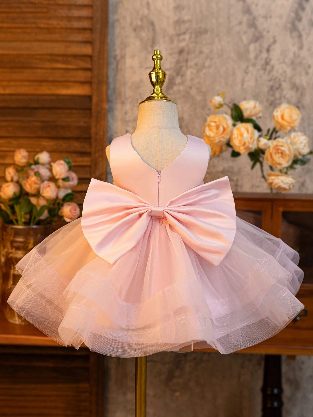 TinyTulle Elegant Pink Satin &amp; Tulle Princess Dress with Bow for Baby Girls