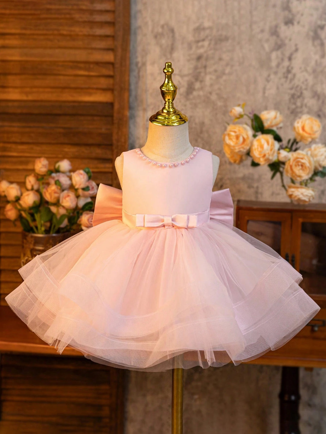 TinyTulle Elegant Pink Satin &amp; Tulle Princess Dress with Bow for Baby Girls