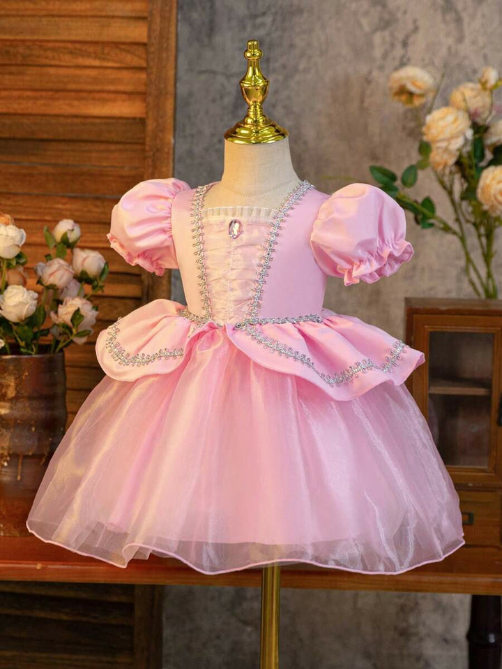TinyTulle Baby Girl Princess Puff Sleeve Tulle Ball Gown Dress for Special Occasions