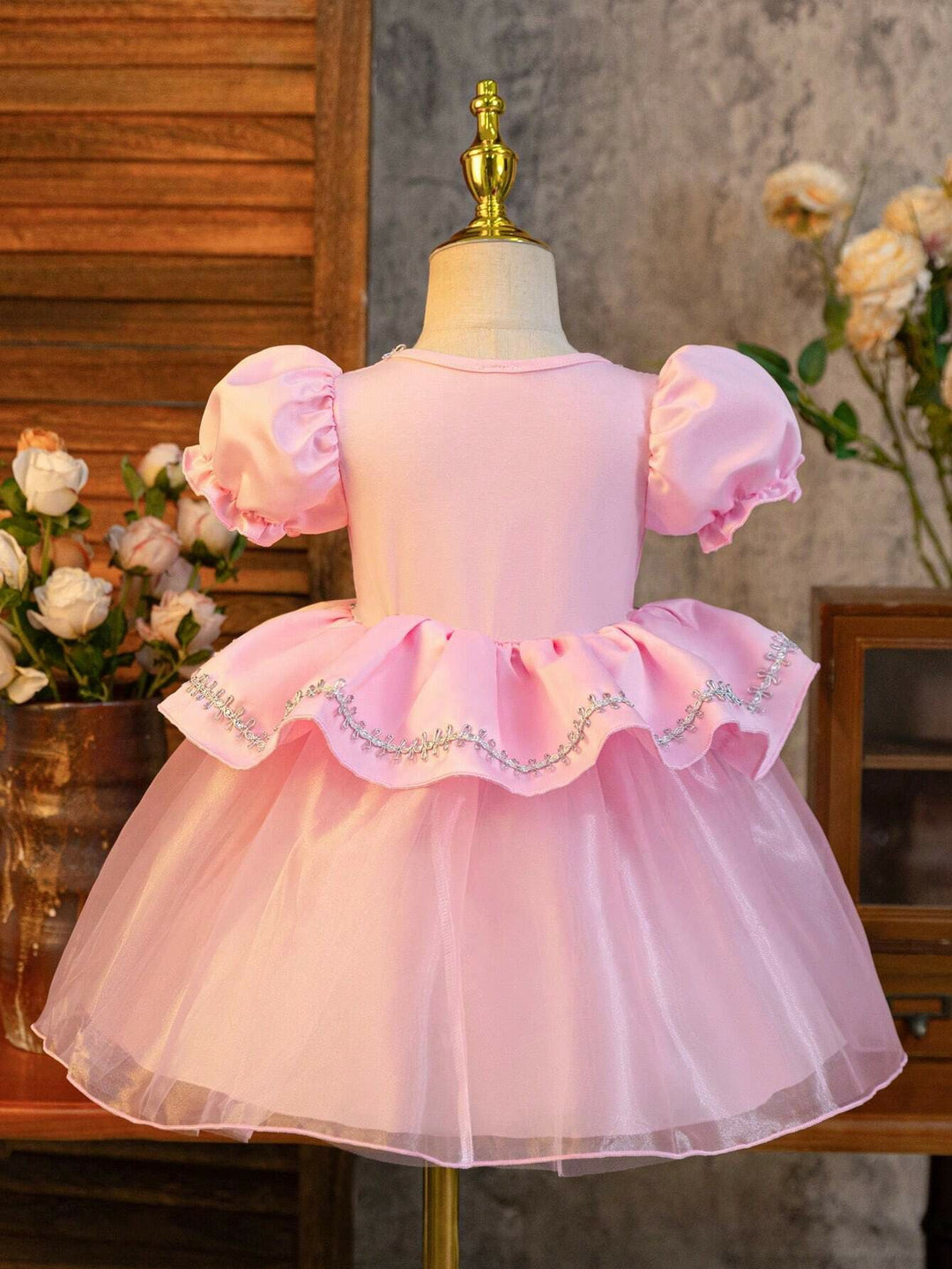 TinyTulle Baby Girl Princess Puff Sleeve Tulle Ball Gown Dress for Special Occasions