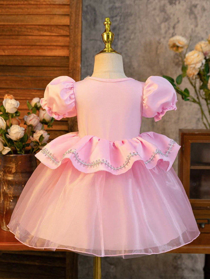TinyTulle Baby Girl Princess Puff Sleeve Tulle Ball Gown Dress for Special Occasions