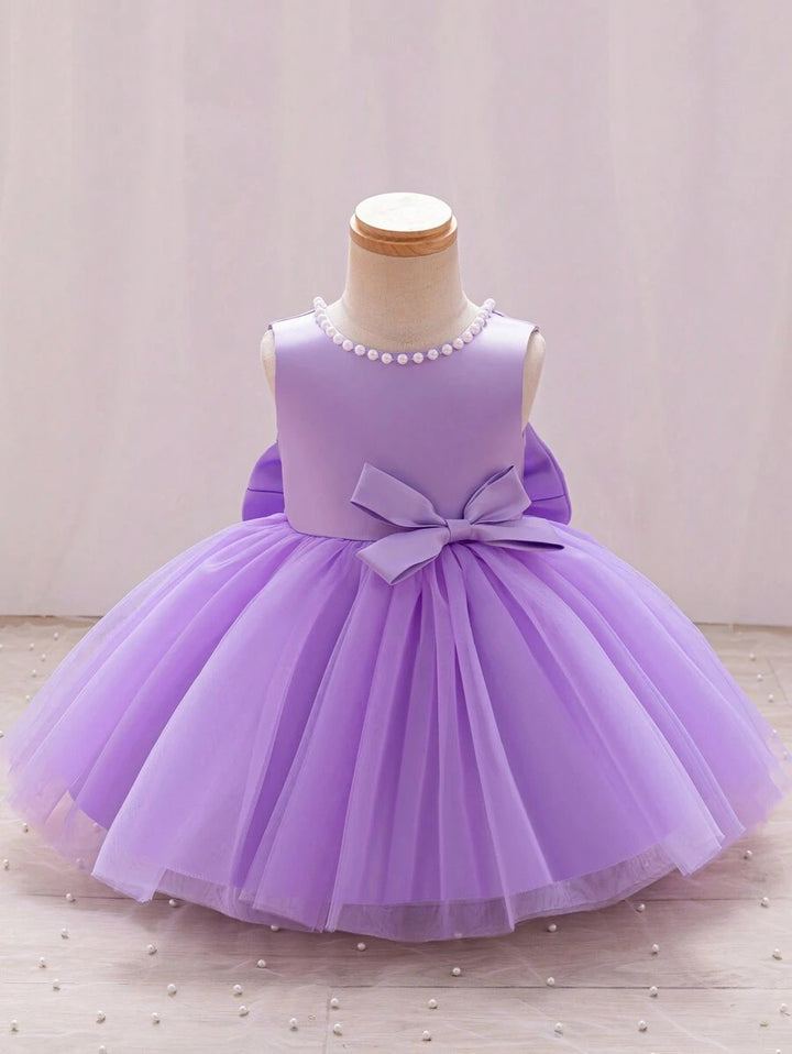 TinyTulle Satin Beaded Tulle Baby Girl Princess Dress with V-Back &amp; Big Bow
