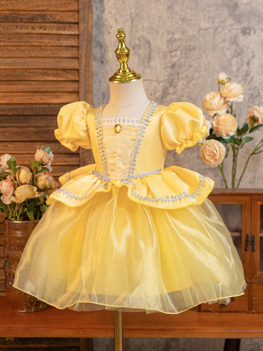 TinyTulle Baby Girl Princess Puff Sleeve Tulle Ball Gown Dress for Special Occasions