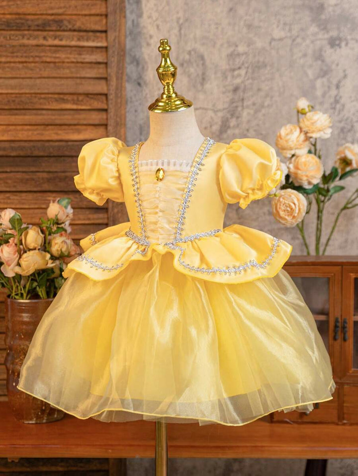 TinyTulle Baby Girl Princess Puff Sleeve Tulle Ball Gown Dress for Special Occasions