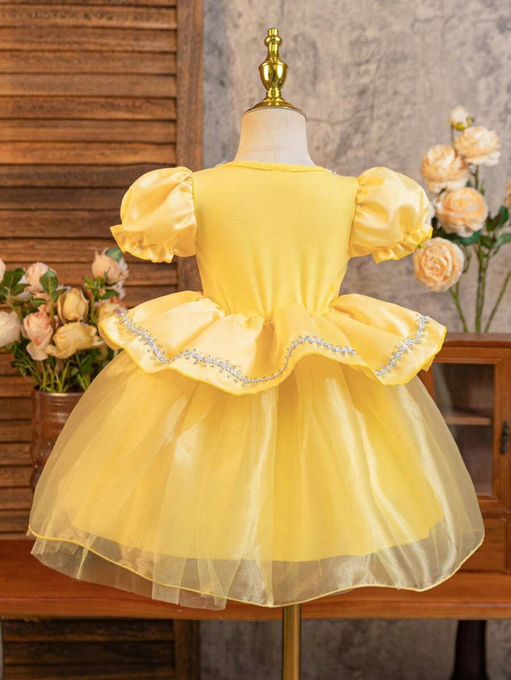 TinyTulle Baby Girl Princess Puff Sleeve Tulle Ball Gown Dress for Special Occasions