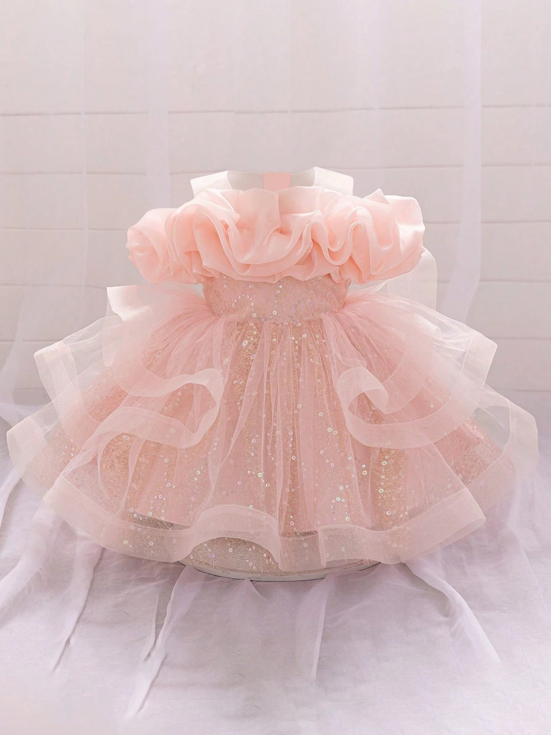 TinyTulle Baby Girls Off-Shoulder Sequin Tulle Tutu Princess Flower Girl Dress