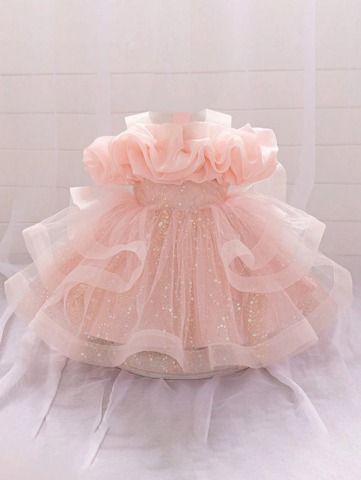 TinyTulle Baby Girls Off-Shoulder Sequin Tulle Tutu Princess Flower Girl Dress