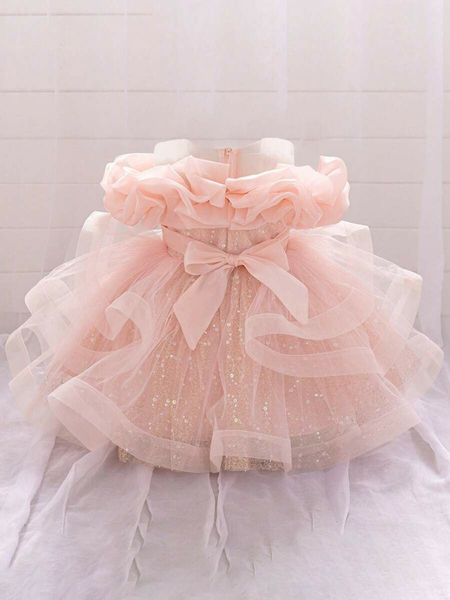 TinyTulle Baby Girls Off-Shoulder Sequin Tulle Tutu Princess Flower Girl Dress