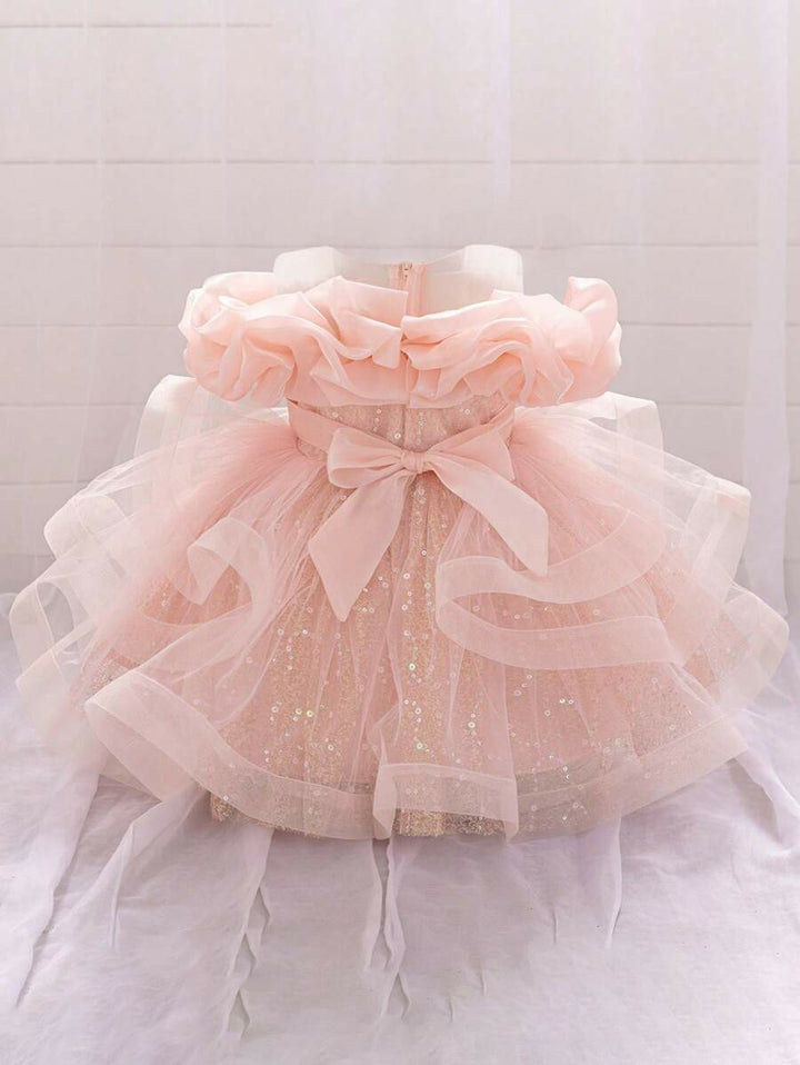TinyTulle Baby Girls Off-Shoulder Sequin Tulle Tutu Princess Flower Girl Dress