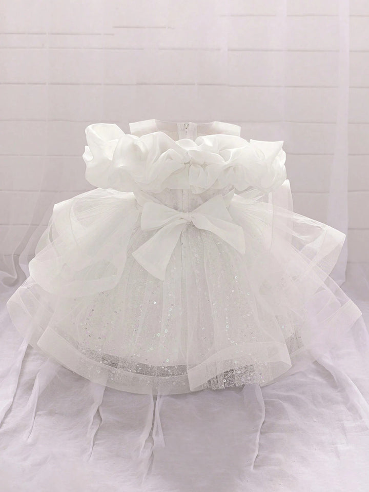 TinyTulle Baby Girls Off-Shoulder Sequin Tulle Tutu Princess Flower Girl Dress