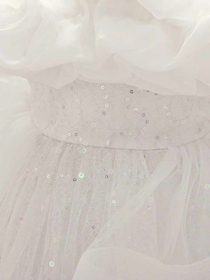 TinyTulle Baby Girls Off-Shoulder Sequin Tulle Tutu Princess Flower Girl Dress