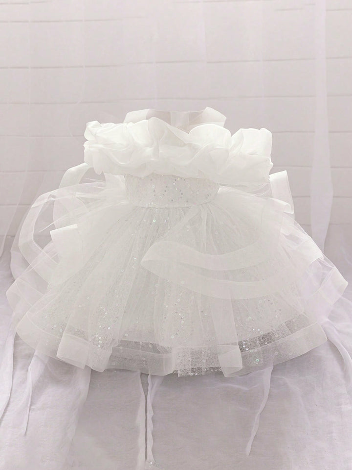 TinyTulle Baby Girls Off-Shoulder Sequin Tulle Tutu Princess Flower Girl Dress