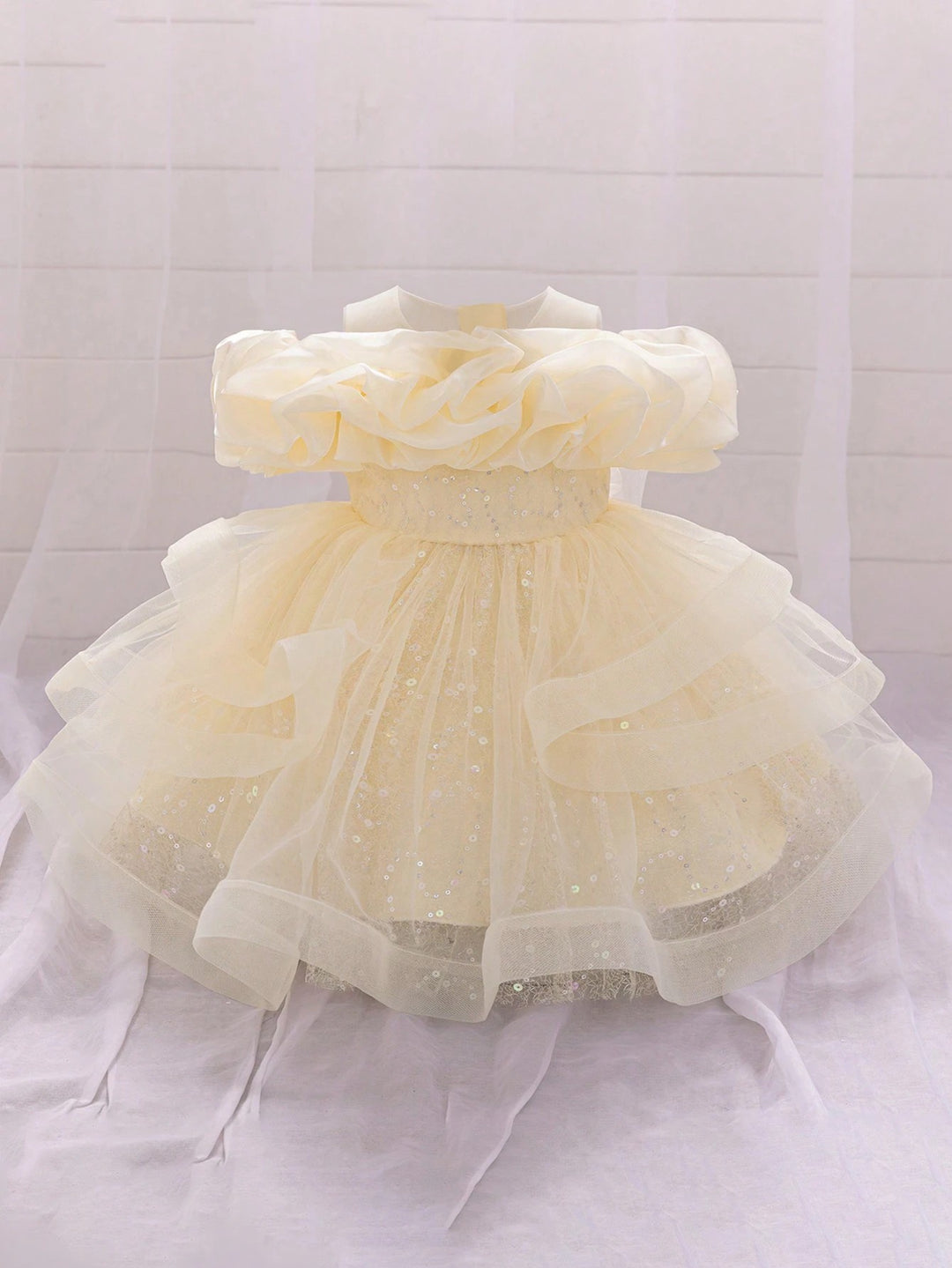 TinyTulle Baby Girls Off-Shoulder Sequin Tulle Tutu Princess Flower Girl Dress