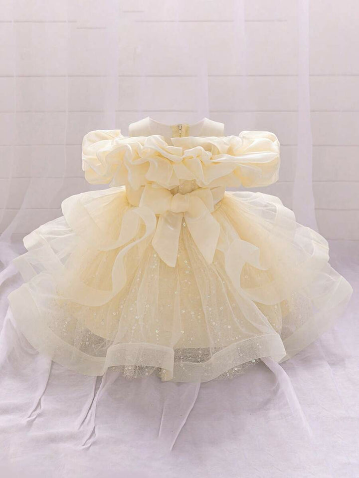 TinyTulle Baby Girls Off-Shoulder Sequin Tulle Tutu Princess Flower Girl Dress