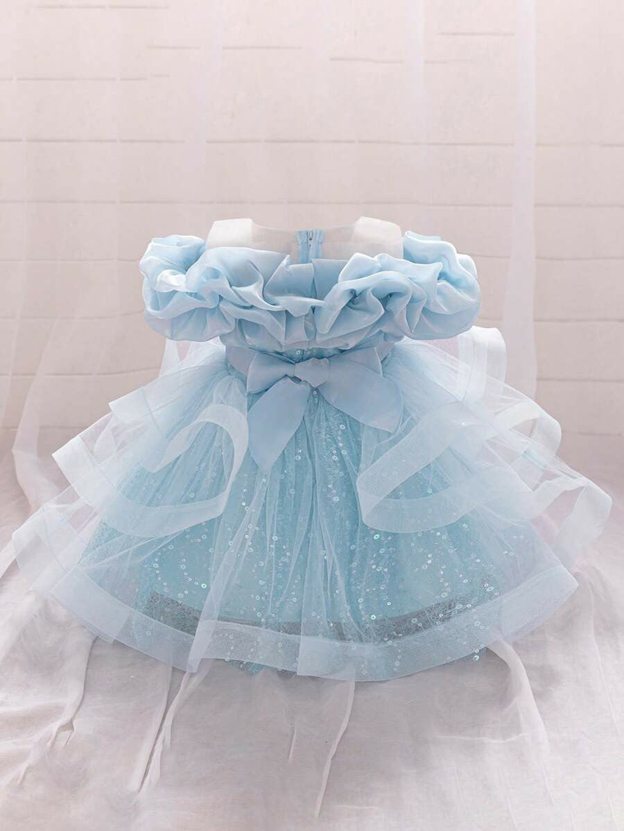 TinyTulle Baby Girls Off-Shoulder Sequin Tulle Tutu Princess Flower Girl Dress
