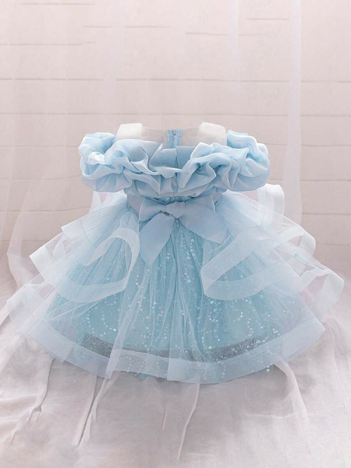 TinyTulle Baby Girls Off-Shoulder Sequin Tulle Tutu Princess Flower Girl Dress