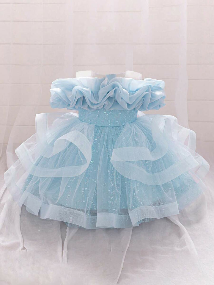 TinyTulle Baby Girls Off-Shoulder Sequin Tulle Tutu Princess Flower Girl Dress