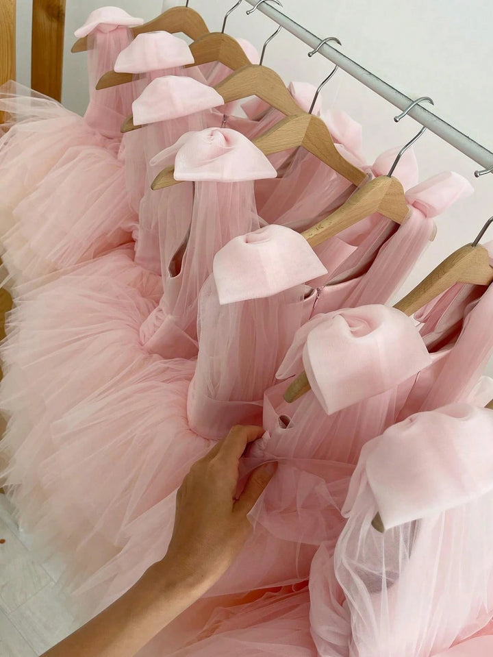 TinyTulle Baby Girls Pink Tulle Princess Dress with 3D Bow Detail &amp; Layered Cake Skirt