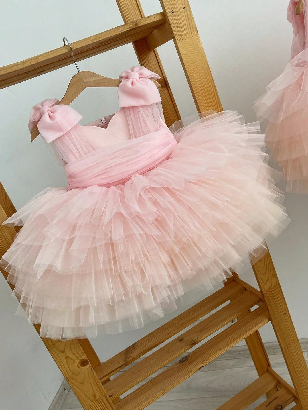 TinyTulle Baby Girls Pink Tulle Princess Dress with 3D Bow Detail &amp; Layered Cake Skirt