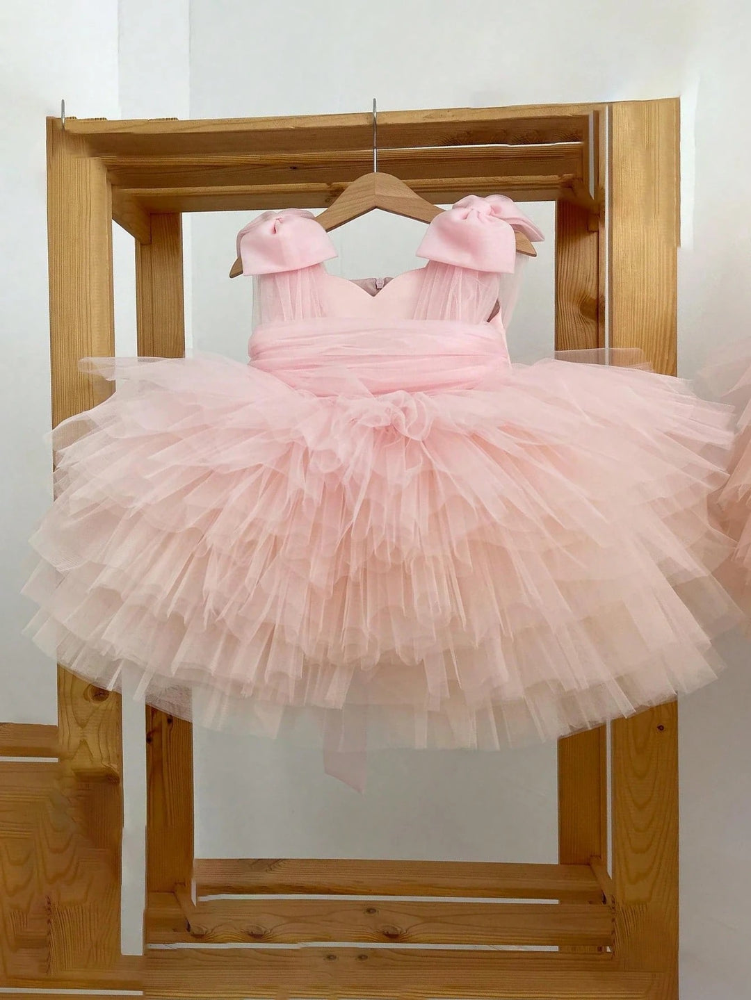 TinyTulle Baby Girls Pink Tulle Princess Dress with 3D Bow Detail &amp; Layered Cake Skirt