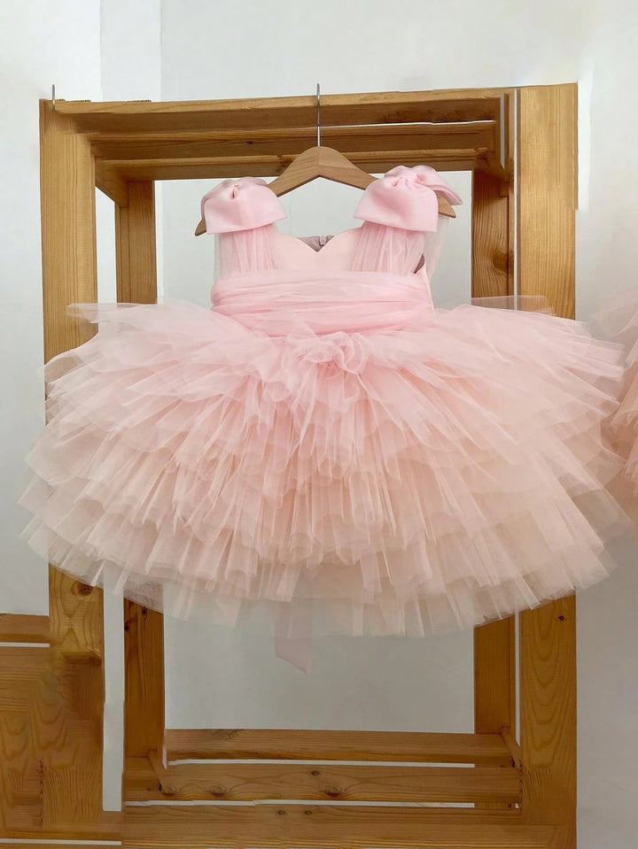 TinyTulle Baby Girls Pink Tulle Princess Dress with 3D Bow Detail &amp; Layered Cake Skirt