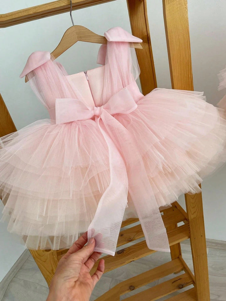 TinyTulle Baby Girls Pink Tulle Princess Dress with 3D Bow Detail &amp; Layered Cake Skirt