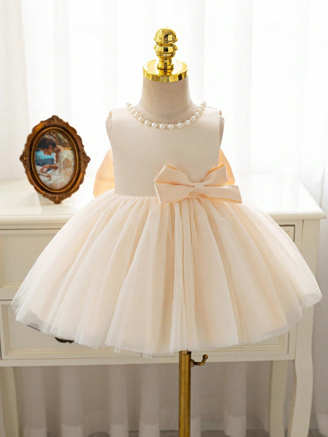 TinyTulle Satin Beaded Tulle Baby Girl Princess Dress with V-Back &amp; Big Bow