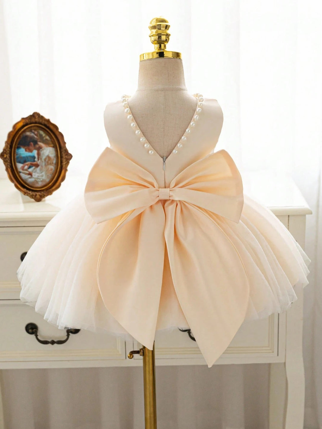 TinyTulle Satin Beaded Tulle Baby Girl Princess Dress with V-Back &amp; Big Bow