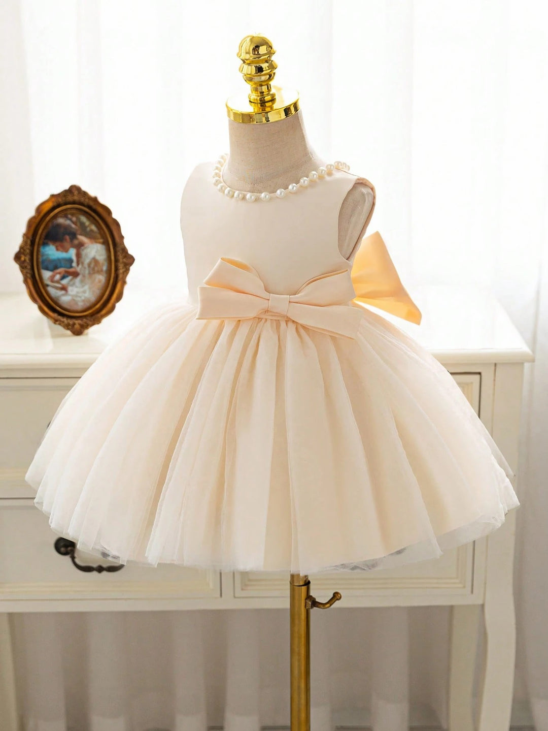 TinyTulle Satin Beaded Tulle Baby Girl Princess Dress with V-Back &amp; Big Bow