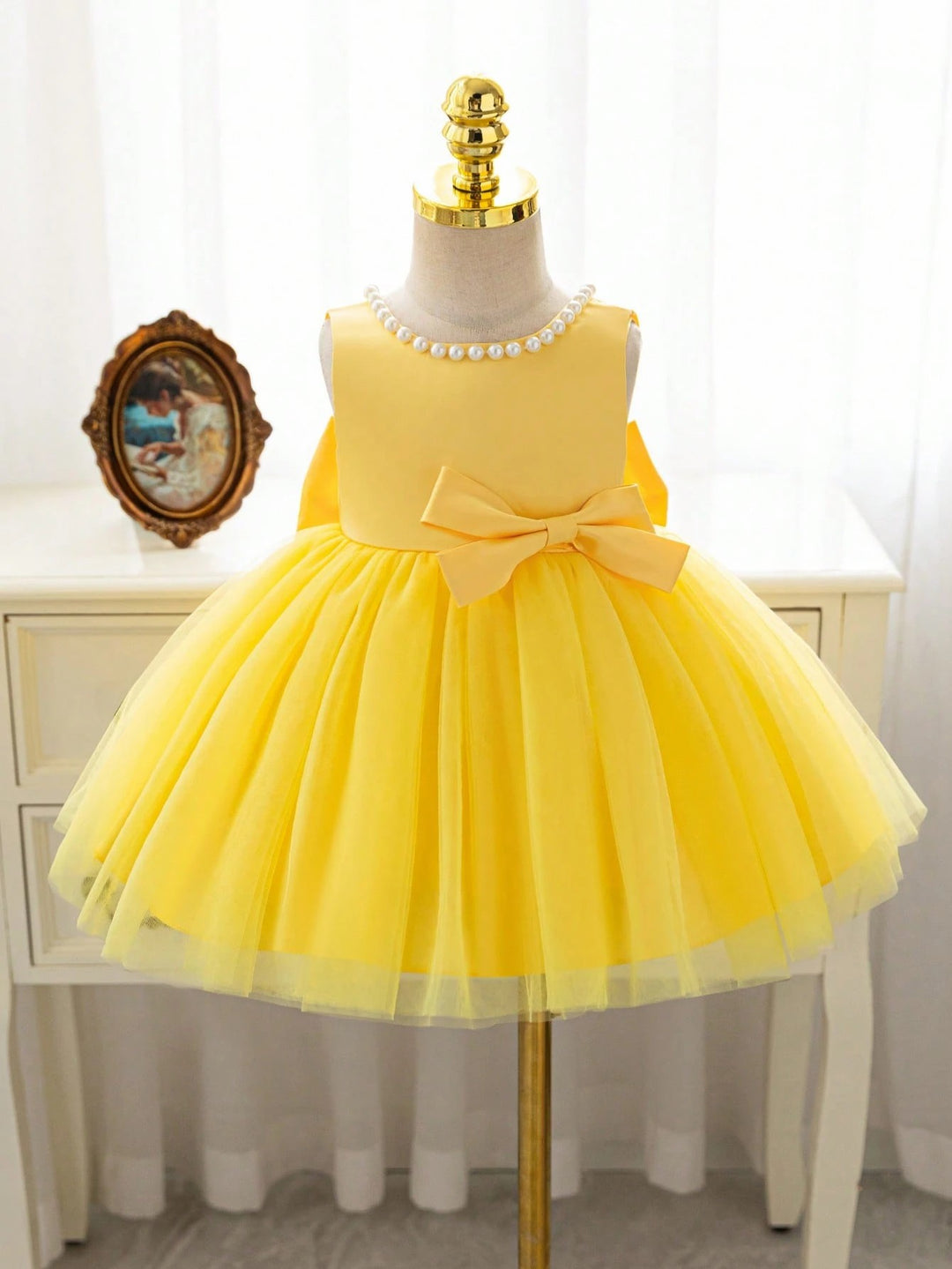 TinyTulle Satin Beaded Tulle Baby Girl Princess Dress with V-Back &amp; Big Bow