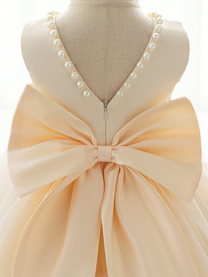 TinyTulle Satin Beaded Tulle Baby Girl Princess Dress with V-Back &amp; Big Bow