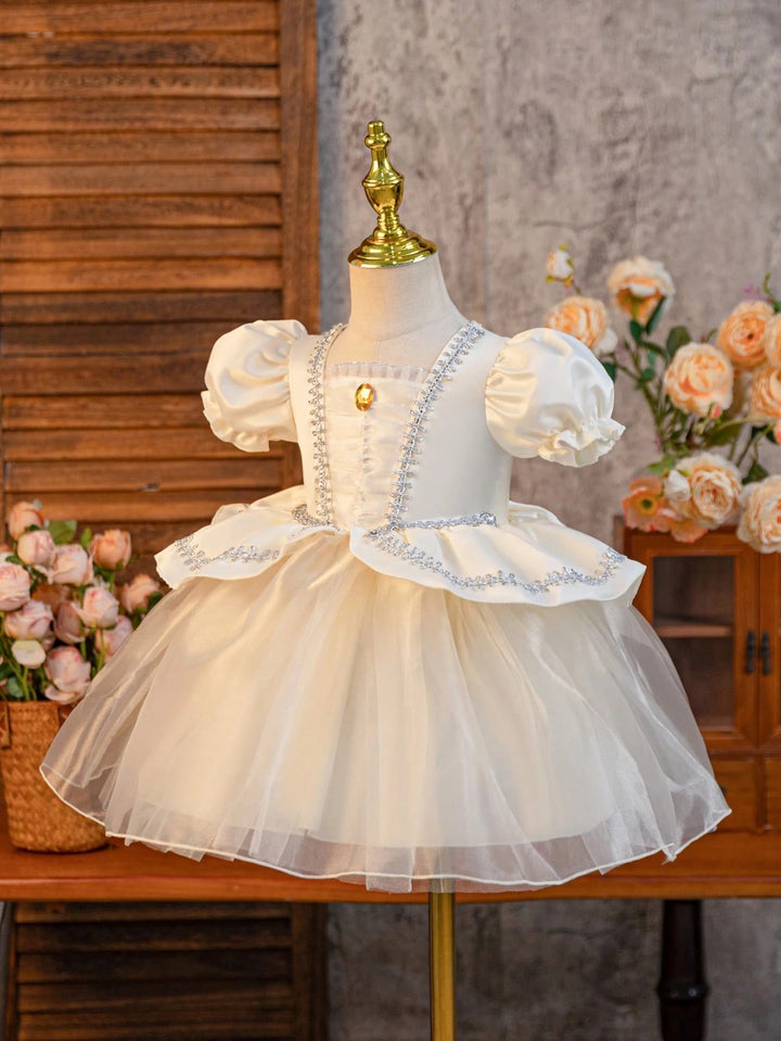 TinyTulle Baby Girl Princess Puff Sleeve Tulle Ball Gown Dress for Special Occasions