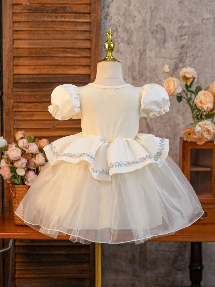 TinyTulle Baby Girl Princess Puff Sleeve Tulle Ball Gown Dress for Special Occasions