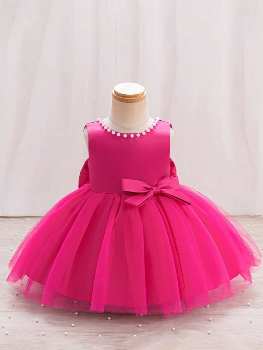 TinyTulle Satin Beaded Tulle Baby Girl Princess Dress with V-Back &amp; Big Bow