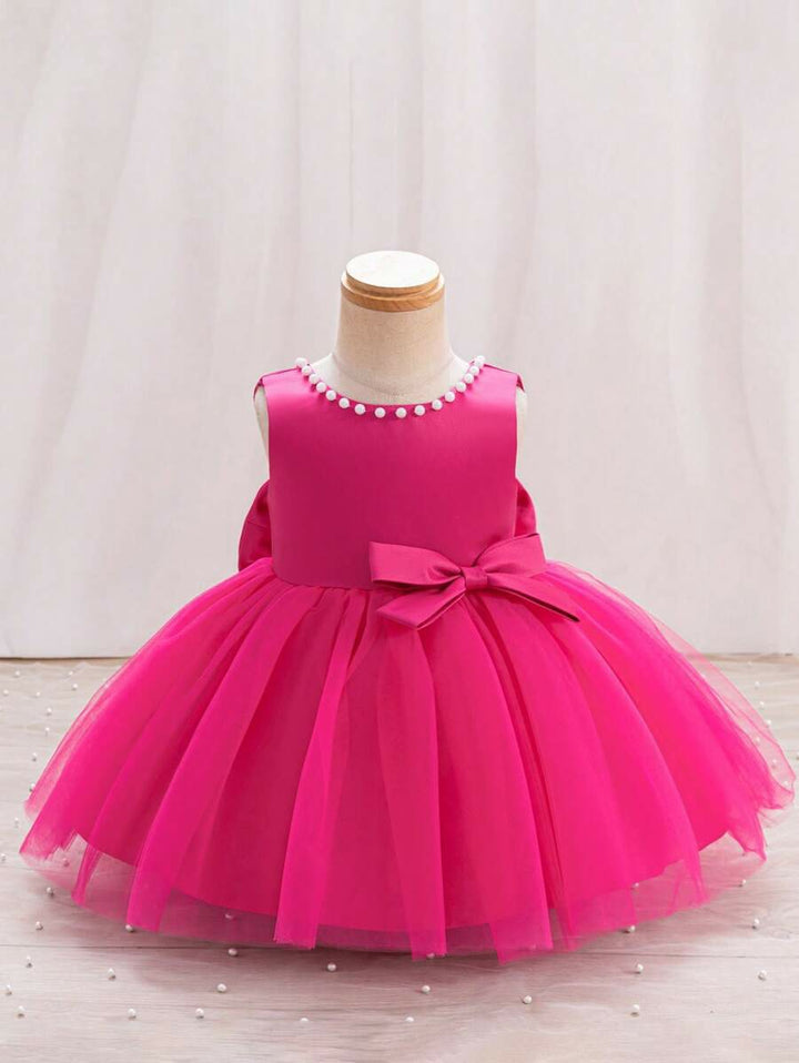 TinyTulle Satin Beaded Tulle Baby Girl Princess Dress with V-Back &amp; Big Bow