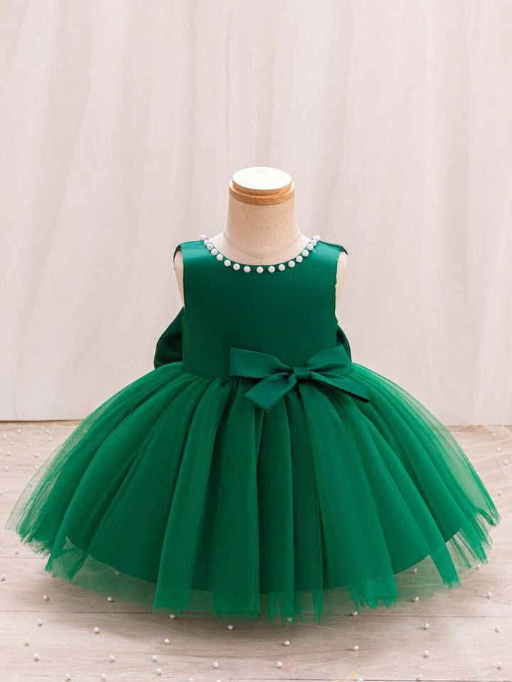 TinyTulle Satin Beaded Tulle Baby Girl Princess Dress with V-Back &amp; Big Bow