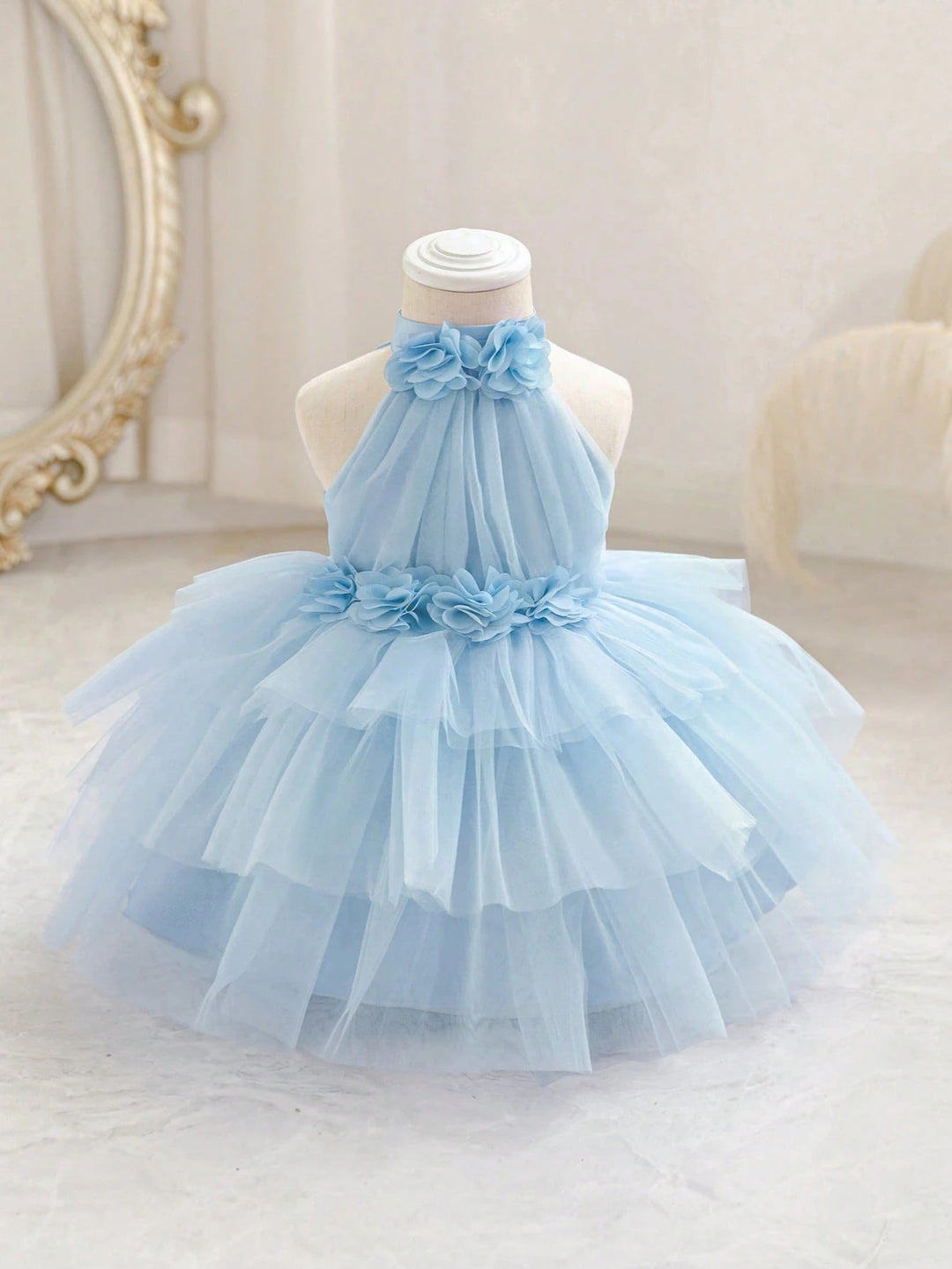 TinyTulle Baby Girls 3D Floral Light Blue Sleeveless Tulle Princess Dress