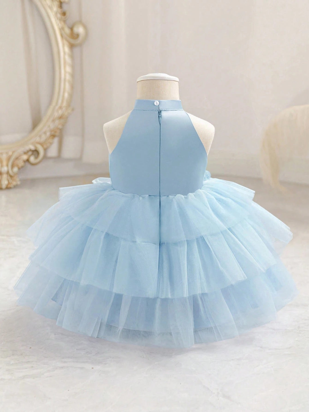 TinyTulle Baby Girls 3D Floral Light Blue Sleeveless Tulle Princess Dress