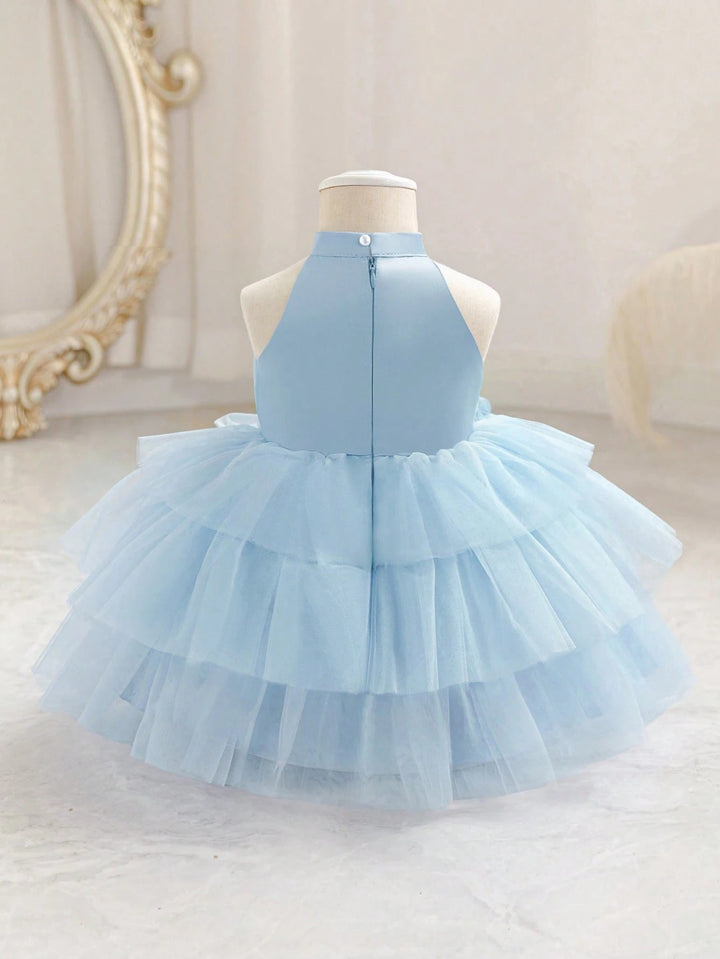 TinyTulle Baby Girls 3D Floral Light Blue Sleeveless Tulle Princess Dress