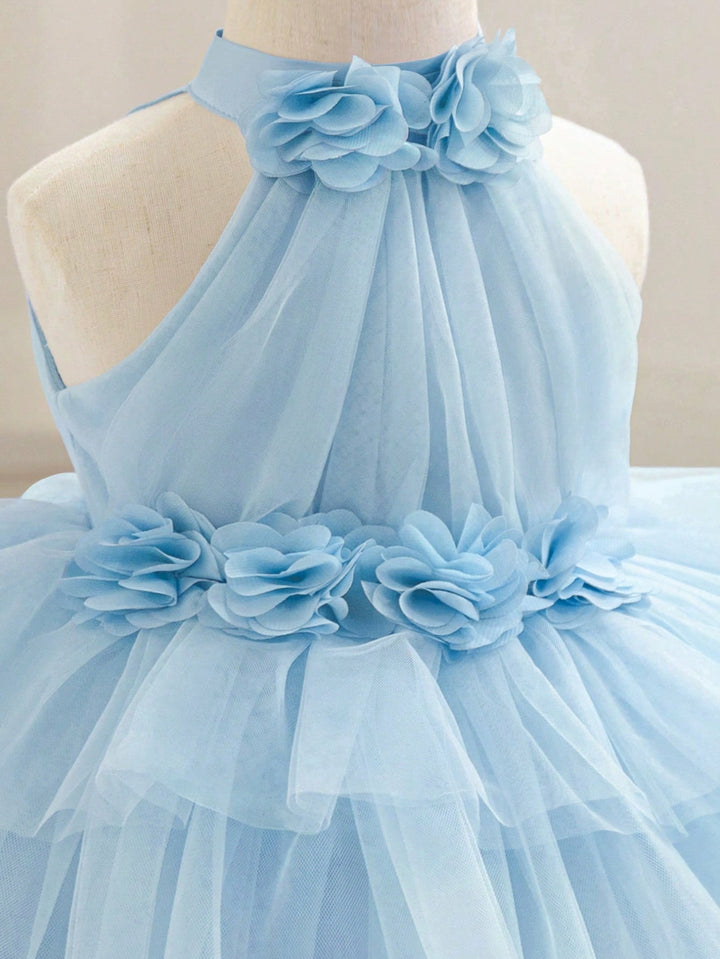 TinyTulle Baby Girls 3D Floral Light Blue Sleeveless Tulle Princess Dress