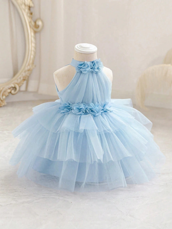 TinyTulle Baby Girls 3D Floral Light Blue Sleeveless Tulle Princess Dress