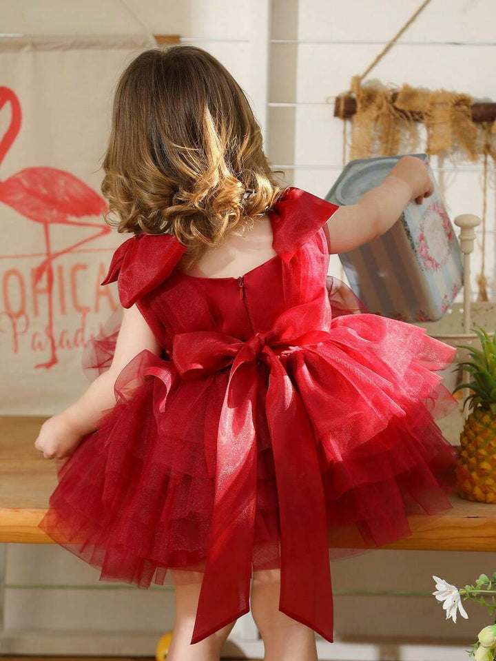 TinyTulle Baby Girls Pink Tulle Princess Dress with 3D Bow Detail &amp; Layered Cake Skirt