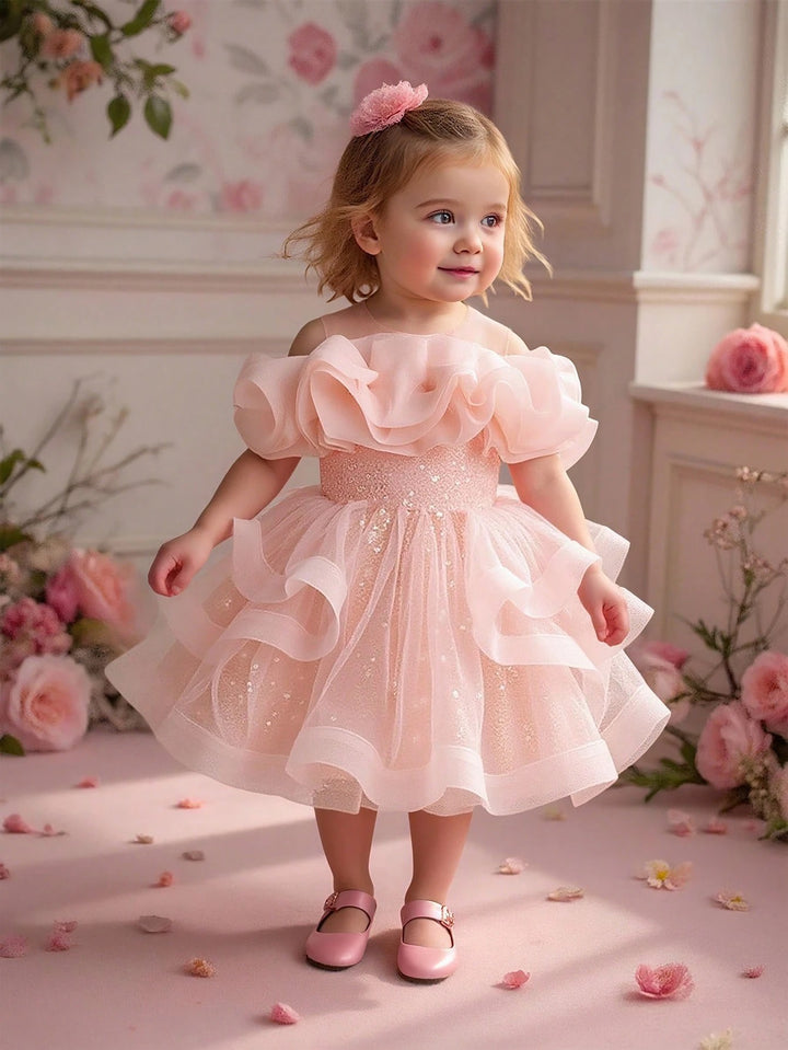 TinyTulle Baby Girls Off-Shoulder Sequin Tulle Tutu Princess Flower Girl Dress