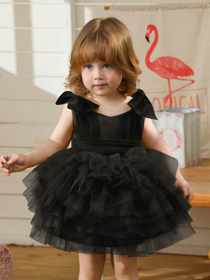 TinyTulle Baby Girls Elegant Black Tulle Dress with Bow for Birthday Party Dress