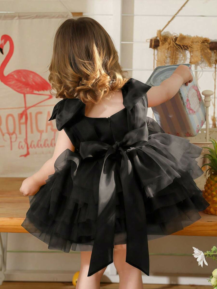 TinyTulle Baby Girls Elegant Black Tulle Dress with Bow for Birthday Party Dress
