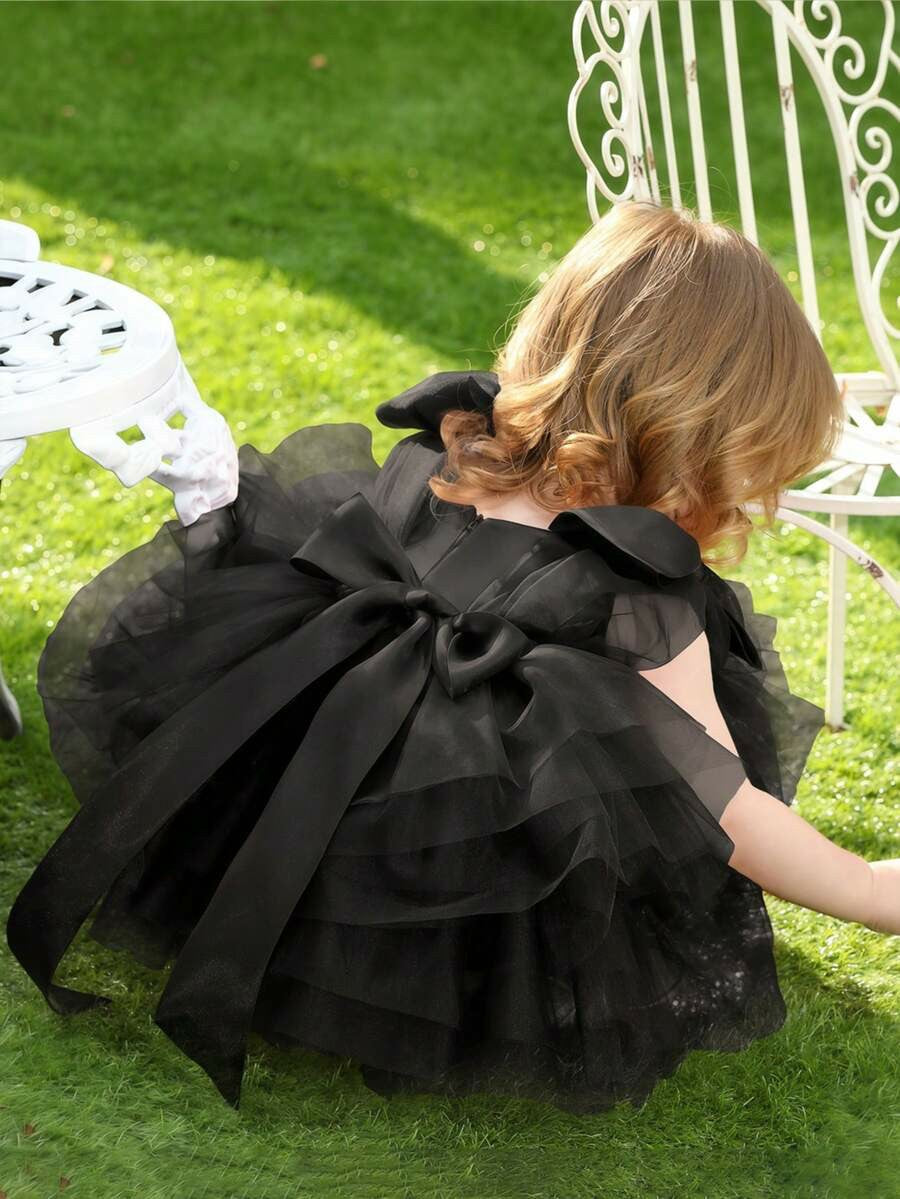 TinyTulle Baby Girls Elegant Black Tulle Dress with Bow for Birthday Party Dress