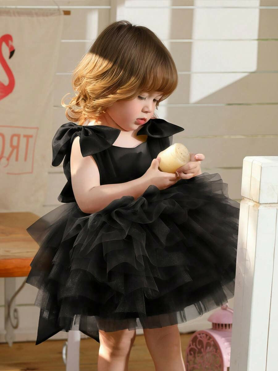 TinyTulle Baby Girls Elegant Black Tulle Dress with Bow for Birthday Party Dress