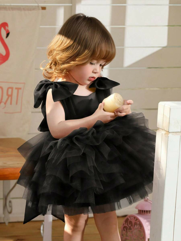 TinyTulle Baby Girls Elegant Black Tulle Dress with Bow for Birthday Party Dress