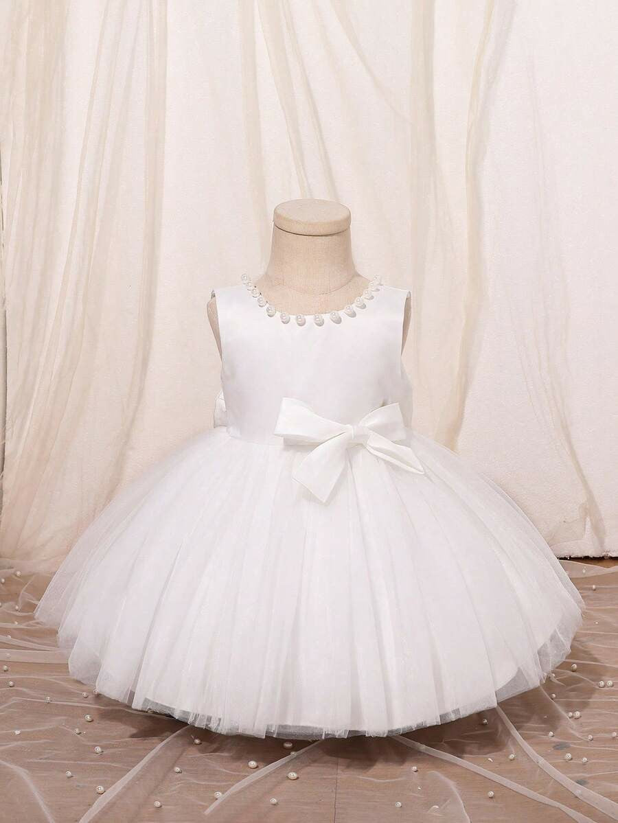 TinyTulle Satin Beaded Tulle Baby Girl Princess Dress with V-Back &amp; Big Bow